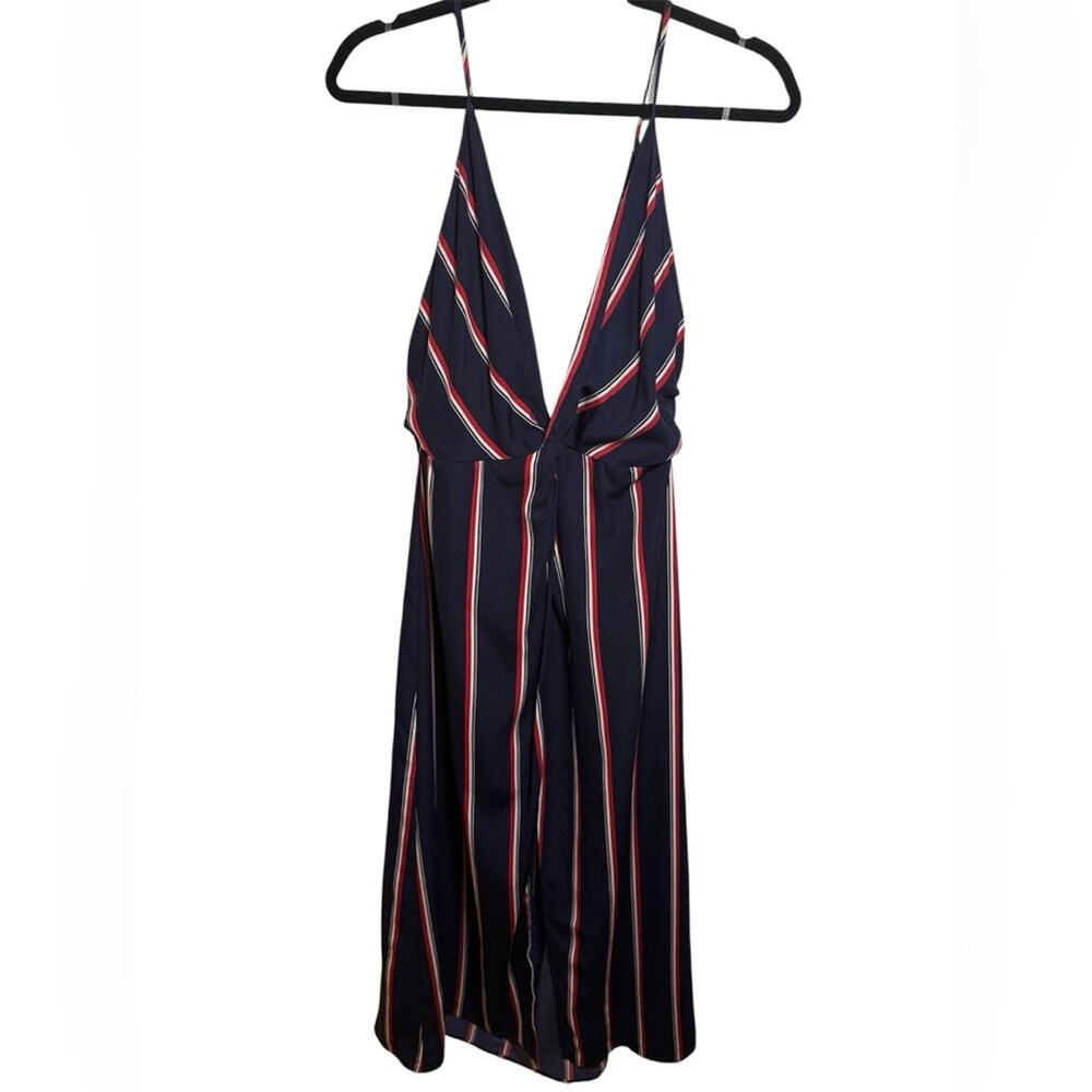 Striped Twist Front Midi Dress V Neck Flowy Summer Coastal Wedding Guest L - Picture 2 of 5